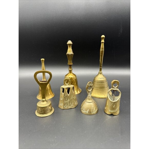 Vintage Mini Brass Gold Metal Bells Lot Of 7 Etched Patina Mixed Lot - Picture 1 of 13